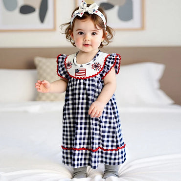 Independence Day Toddler Girl Dress with Plaid Design American Flag Embroidery Loose Fit and Smocked Crew Neck for a