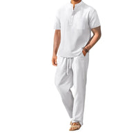 Men s Casual 2 Piece Outfit Short Sleeve Henley Tops with Drawstring Pants Loose Solid Color Set for a Stylish Look