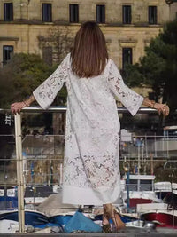 White Embroidery Lace Dress Women Spring Sexy V Neck Hollow Out Party Dress New Boho Loose Long Dress Holiday