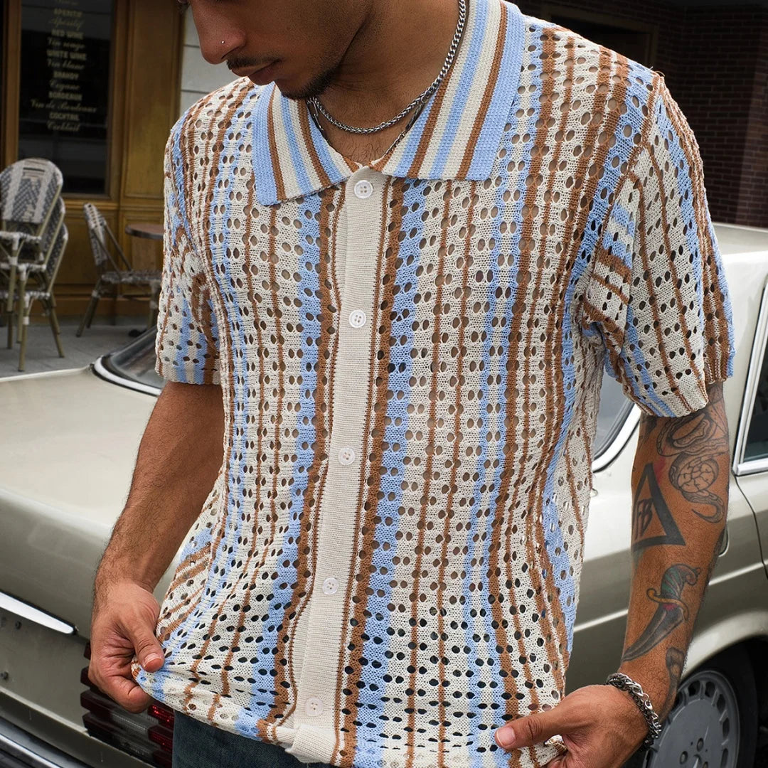 Men's Short Sleeve Summer Breathable Fashion Mesh Cardigan Lapel Top Color Stripes Soft Light Polo Knitwear US Size