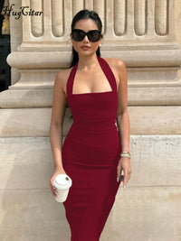 Hugcitar 2025 Elegant Halter Black Backless Sexy Bodycon Maxi Prom Dress Summer Women Y2K Clothes Wedding Birthday Party