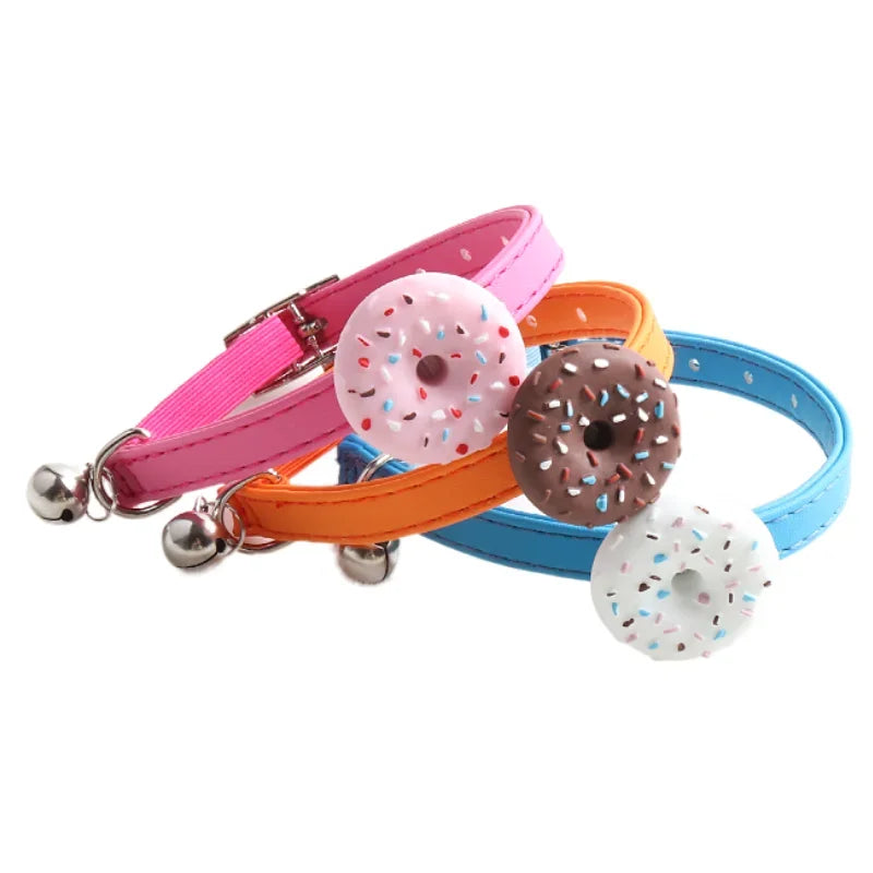 Cute Pet Cat Collar Elastic Strap Safety with Bell kawaii PU Leather Heart Donut Goats Collier Chain Adjustable XS Blue Yellow