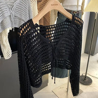 Crochet Crop Tie Front Cardigan Women Long Sleeve Sheer OpenKnit Bolero Shrug Top Summer Beach Bikini Cover Up Y2K Outfit