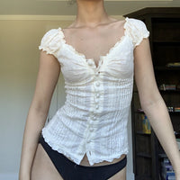 90s French Vintage Floral T-shirt Fairy Grunge Kawaii Button Frill V Neck Pullovers Tee Women Y2K Aesthetic White Crop Top Retro