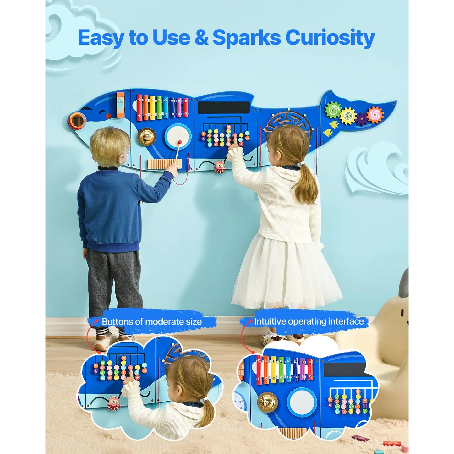 VEVOR Orca Kids Wall Busy Board 12 Activities Hanging Panels Montessori Sensory Learning Toys for Toddler 3-12 Years Play Toys