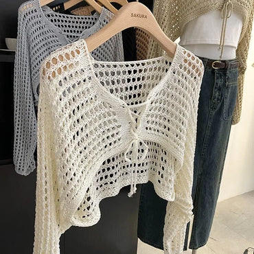 Crochet Crop Tie Front Cardigan Women Long Sleeve Sheer OpenKnit Bolero Shrug Top Summer Beach Bikini Cover Up Y2K Outfit