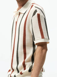 Men's Summer Chunky Knit Short-Sleeve Polo Shirt With Stripes And Contrast Colors, Casual Wear For Daily Outings