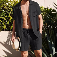 Men s Casual Two Piece Linen Outfit with Short Sleeve Button-up Shirt and Elastic Waist Shorts in Solid Color