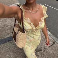 Summer Flower Printed Women's Sexy Low-cut Dress Sleeveless Backless Slim Sling Dresses 2025 Beach Vacation Lady Vestidos