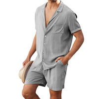 Men s Casual Two Piece Linen Outfit with Short Sleeve Button-up Shirt and Elastic Waist Shorts in Solid Color