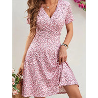 Floral Print Mini Dress Short Sleeve Midi Skirt Women's Fashion Spring Summer V Neck Polyester Fiber Regular Waistline Dress