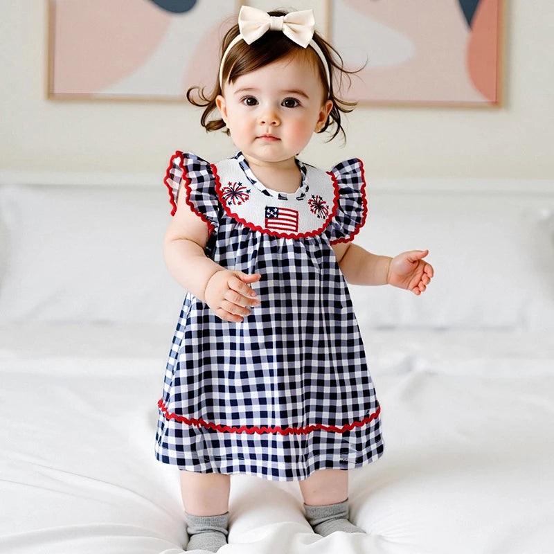 Independence Day Toddler Girl Dress with Plaid Design American Flag Embroidery Loose Fit and Smocked Crew Neck for a