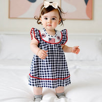 Independence Day Toddler Girl Dress with Plaid Design American Flag Embroidery Loose Fit and Smocked Crew Neck for a