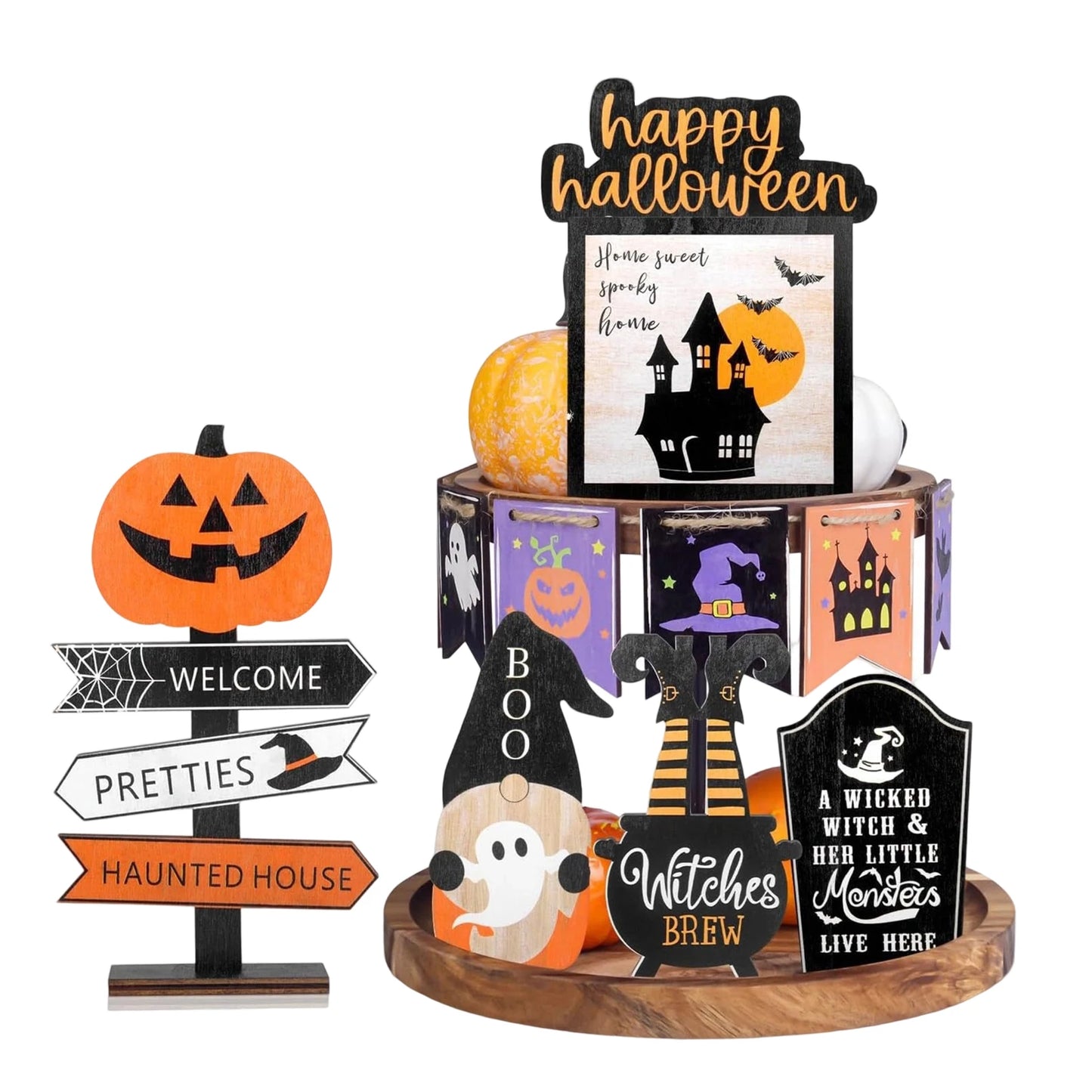 Spooky Halloween Tiered Tray Decor Set with Wooden Pumpkin and Bat Table Signs for Festive Home Party Table Display