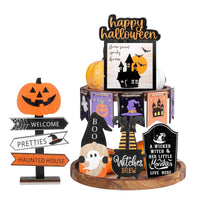 Spooky Halloween Tiered Tray Decor Set with Wooden Pumpkin and Bat Table Signs for Festive Home Party Table Display