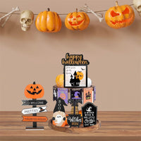 Spooky Halloween Tiered Tray Decor Set with Wooden Pumpkin and Bat Table Signs for Festive Home Party Table Display