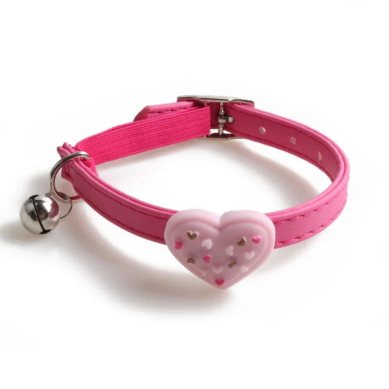 Cute Pet Cat Collar Elastic Strap Safety with Bell kawaii PU Leather Heart Donut Goats Collier Chain Adjustable XS Blue Yellow