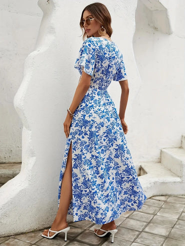 2025 Spring/Summer New Women's Blue Comfortable and Casual Beach Skirt Bohemian Print Fashion Sexy V-neck Short Sleeve Dress