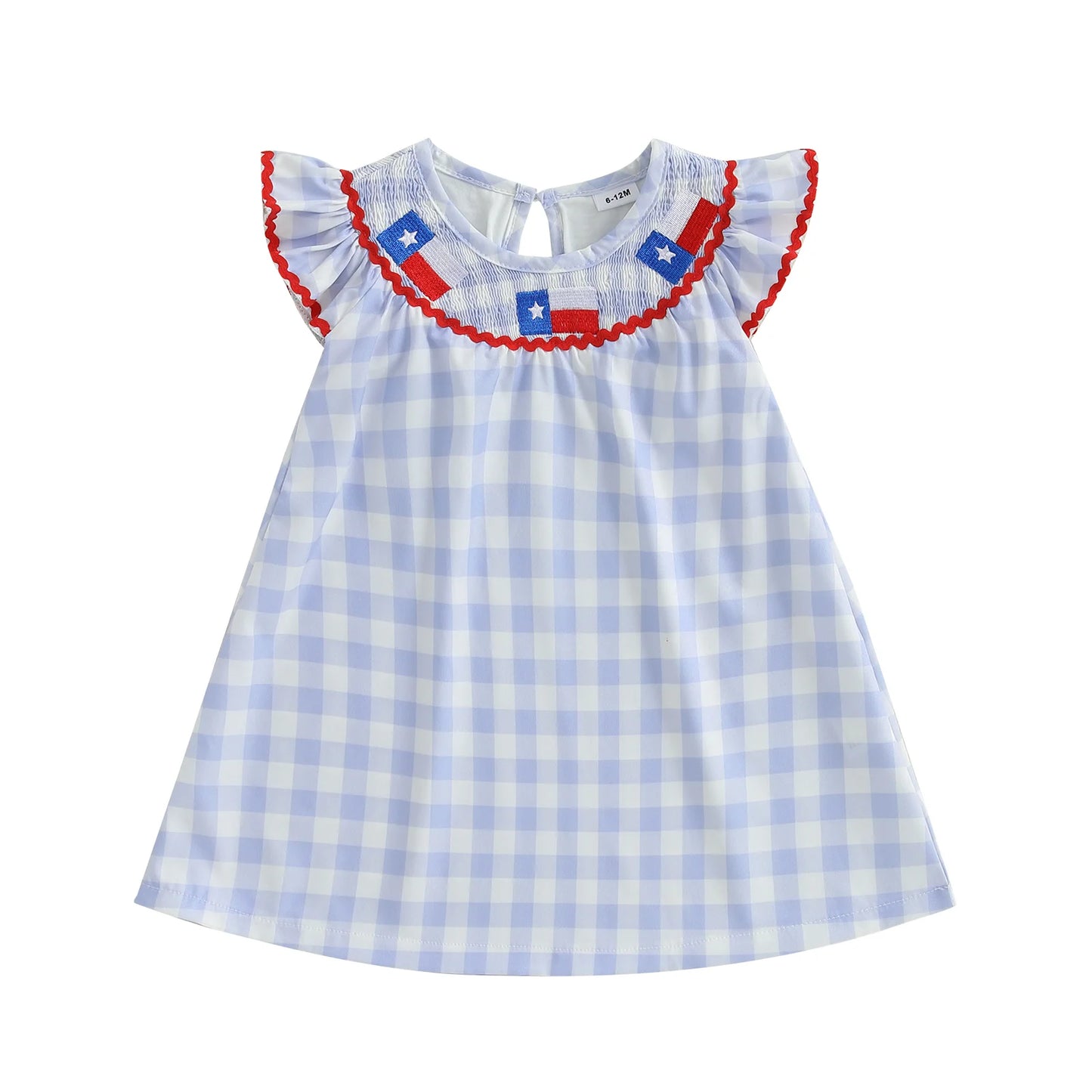 Independence Day Toddler Girl Dress with Plaid Design American Flag Embroidery Loose Fit and Smocked Crew Neck for a