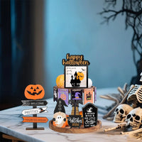 Spooky Halloween Tiered Tray Decor Set with Wooden Pumpkin and Bat Table Signs for Festive Home Party Table Display