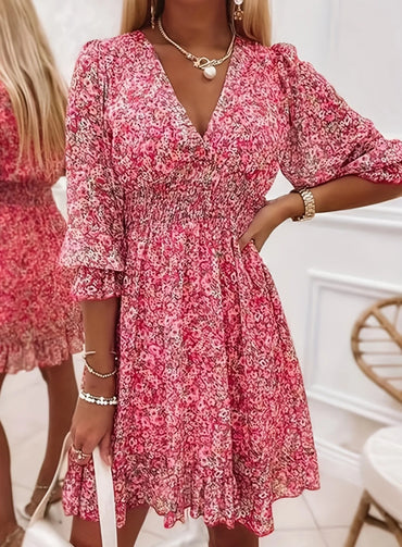 Women's small floral printed V-neck dress, elastic waist design, bohemian fashion casual dress, suitable for daily wear in sprin