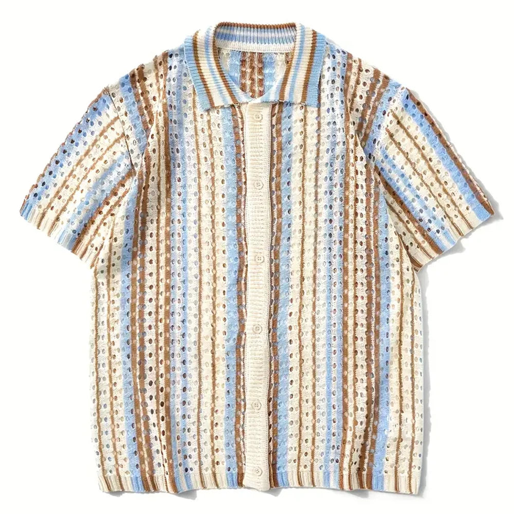 Men's Short Sleeve Summer Breathable Fashion Mesh Cardigan Lapel Top Color Stripes Soft Light Polo Knitwear US Size