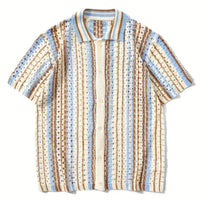 Men's Short Sleeve Summer Breathable Fashion Mesh Cardigan Lapel Top Color Stripes Soft Light Polo Knitwear US Size