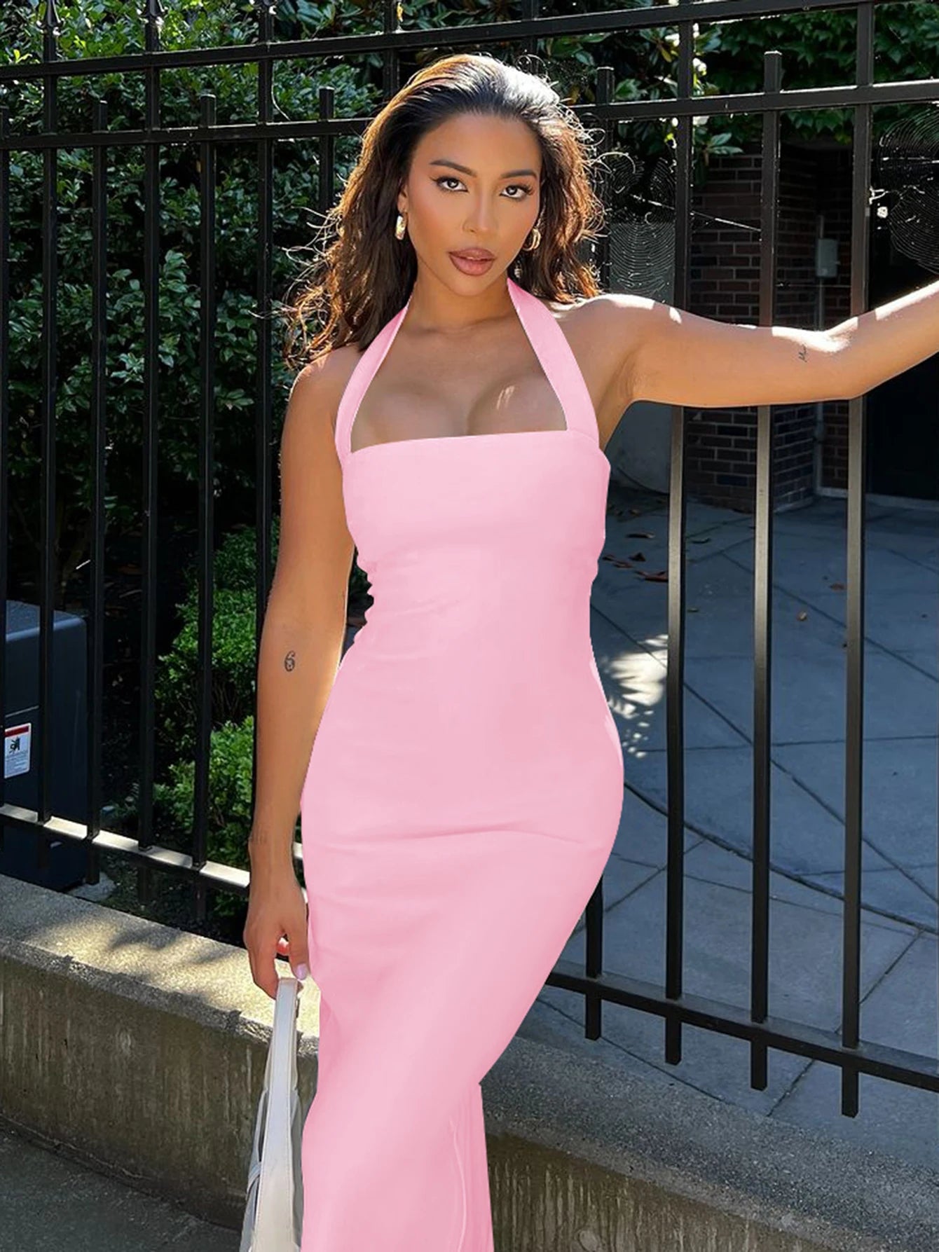 Hugcitar 2025 Elegant Halter Black Backless Sexy Bodycon Maxi Prom Dress Summer Women Y2K Clothes Wedding Birthday Party