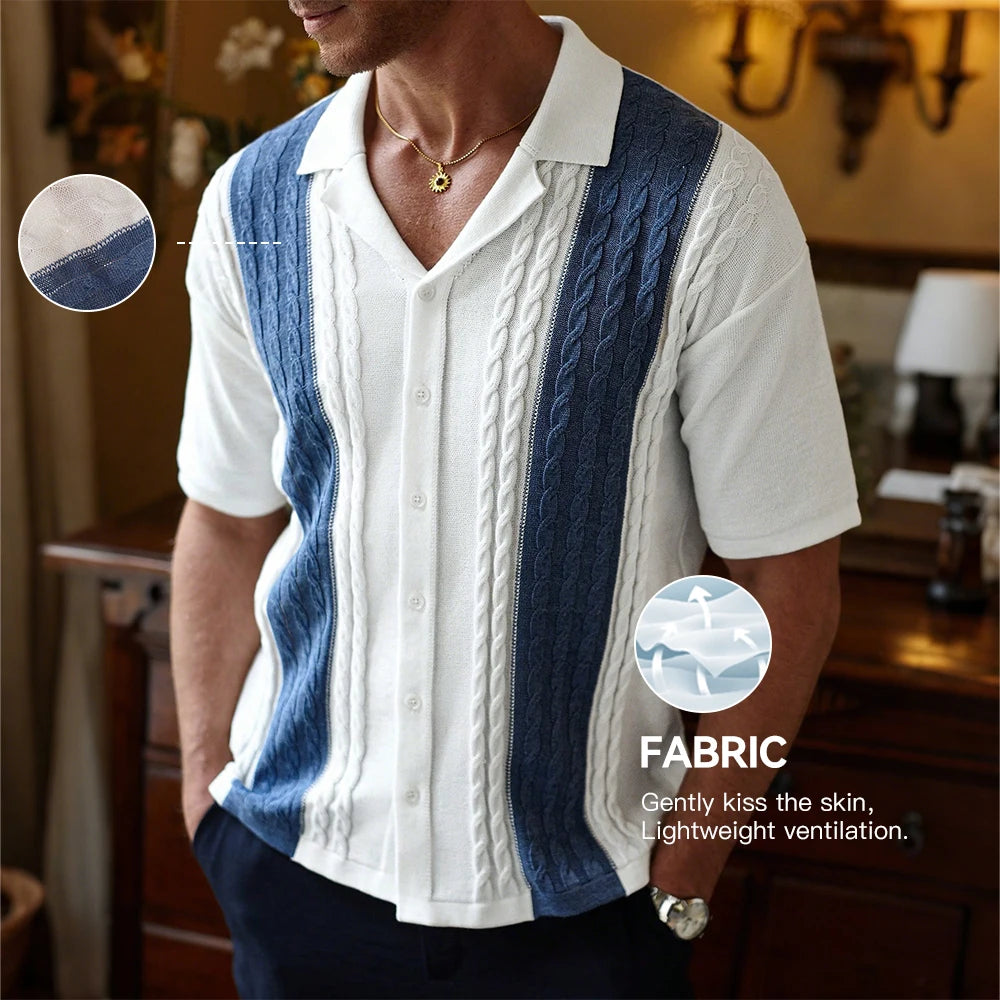 Men's Short Sleeve Summer Knit Lapel Striped Polo Shirt Fashion Light Luxury Popular Knitwear Breathable Top US Size