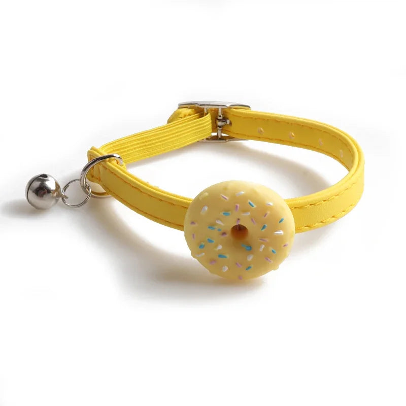 Cute Pet Cat Collar Elastic Strap Safety with Bell kawaii PU Leather Heart Donut Goats Collier Chain Adjustable XS Blue Yellow