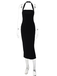 Hugcitar 2025 Elegant Halter Black Backless Sexy Bodycon Maxi Prom Dress Summer Women Y2K Clothes Wedding Birthday Party