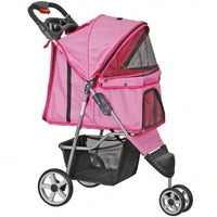 Foldable 3 Wheels Pet Stroller Dog Cat Cage Jogger Stroller with Cup Holder Pink