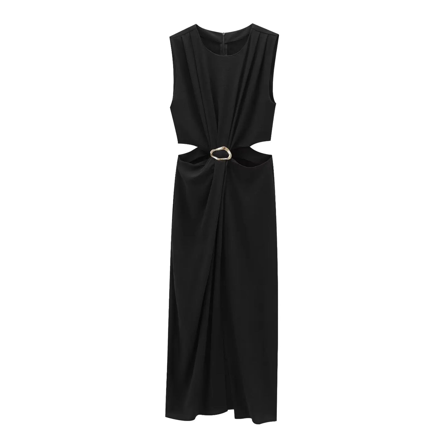 2025 Women's Autumn and Winter New Arrivals Fashion Temperament Open Design Buckle Decoration Sleeveless Long Dress