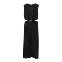 2025 Women's Autumn and Winter New Arrivals Fashion Temperament Open Design Buckle Decoration Sleeveless Long Dress