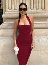 Hugcitar 2025 Elegant Halter Black Backless Sexy Bodycon Maxi Prom Dress Summer Women Y2K Clothes Wedding Birthday Party